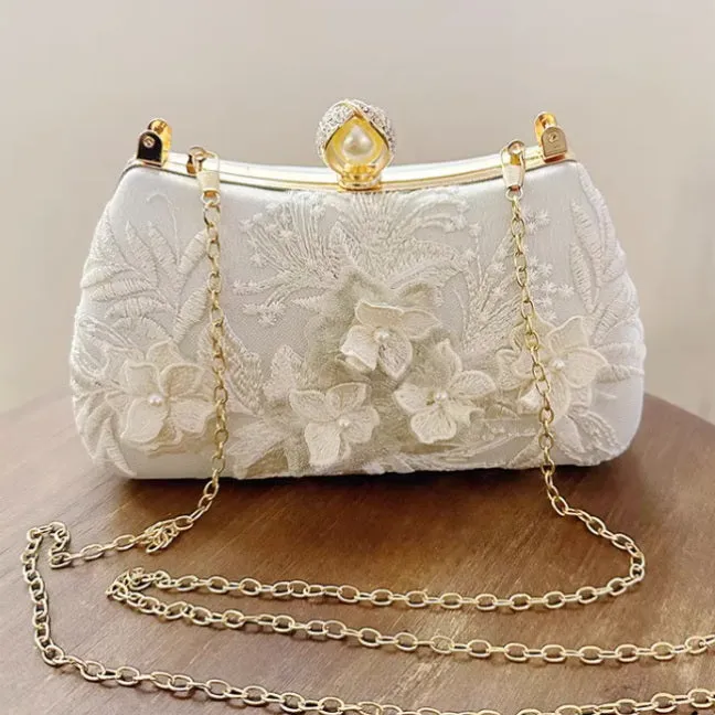 Chinese Style Embroidery Evening Bag with Pearl Handle and Pearls Chain