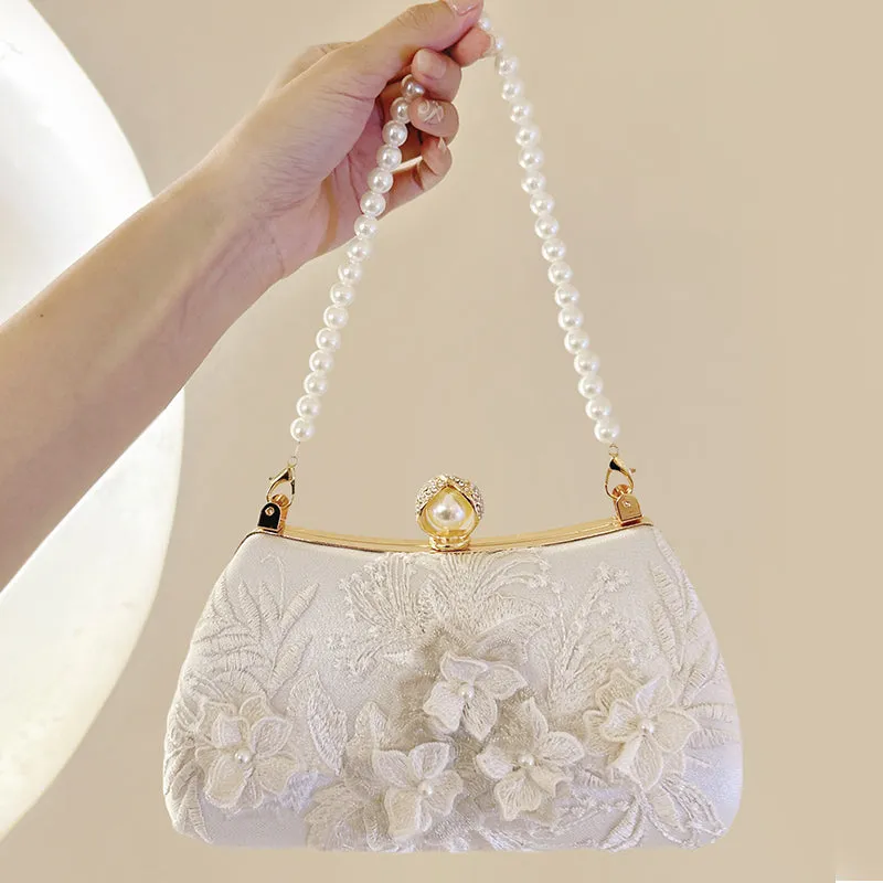 Chinese Style Embroidery Evening Bag with Pearl Handle and Pearls Chain