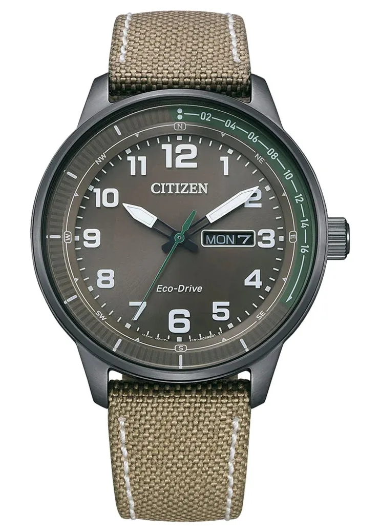 CITIZEN GENTS ECO DRIVE GREY/GREEN DIAL BEIGE NYLON BAND BM8595-16H