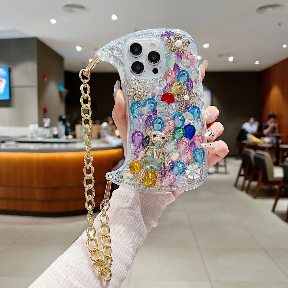 Colorful Diamond Phone Case With Metal Chain Strap - iPhone 15 Plus