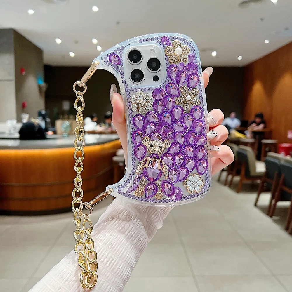 Colorful Diamond Phone Case With Metal Chain Strap - iPhone 15 Plus