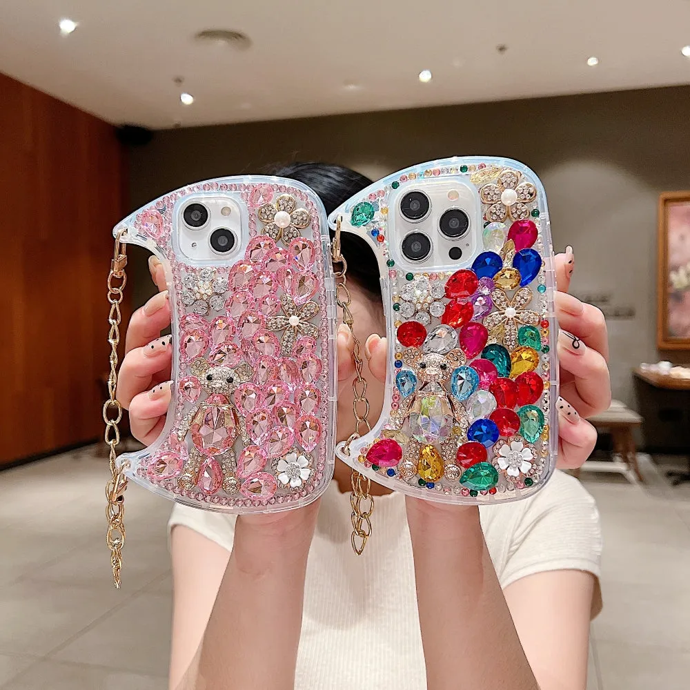 Colorful Diamond Phone Case With Metal Chain Strap - iPhone 15 Plus