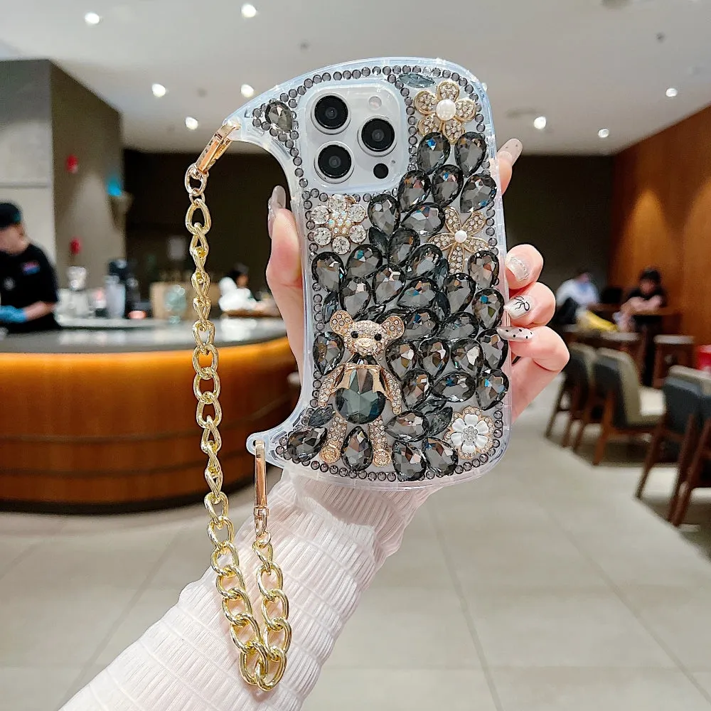 Colorful Diamond Phone Case With Metal Chain Strap - iPhone 15 Plus