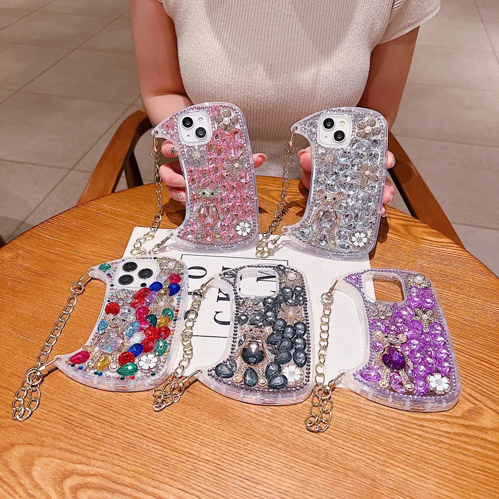 Colorful Diamond Phone Case With Metal Chain Strap - iPhone 15 Plus