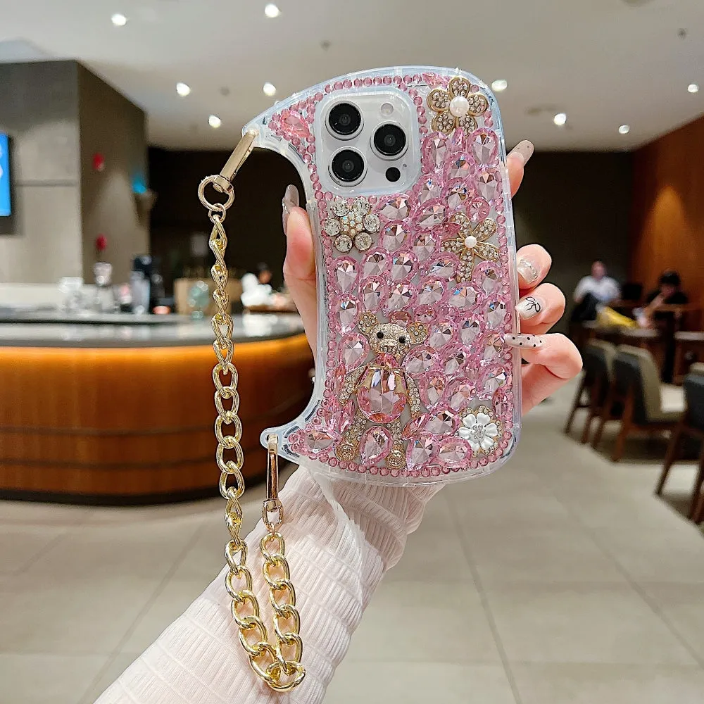 Colorful Diamond Phone Case With Metal Chain Strap - iPhone 15 Plus