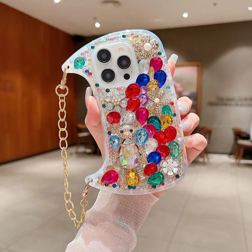 Colorful Diamond Phone Case With Metal Chain Strap - iPhone 15 Plus