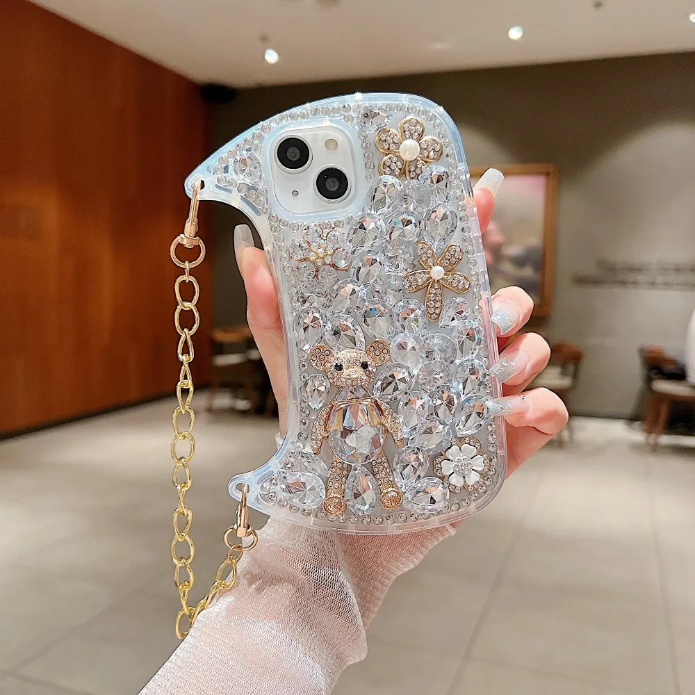 Colorful Diamond Phone Case With Metal Chain Strap - iPhone 15 Plus