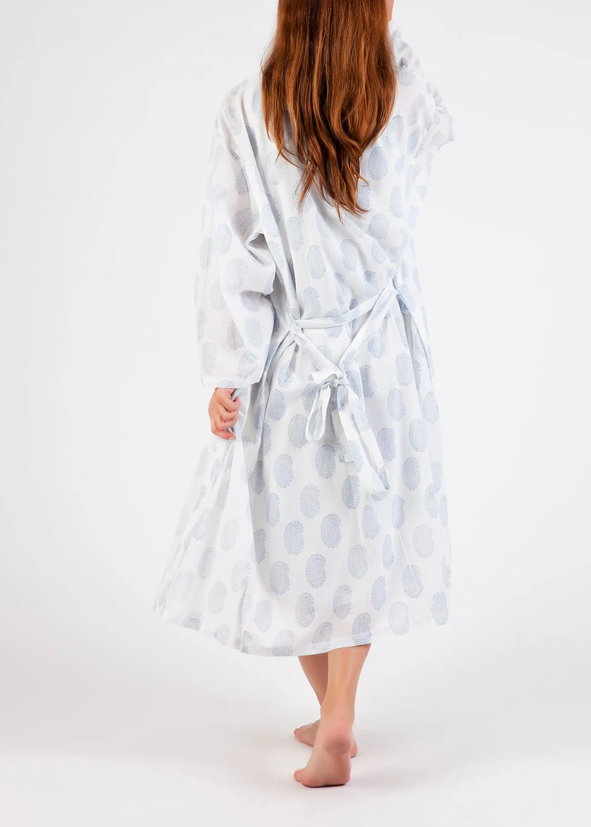 Cotton Robe White with Blue Paisley