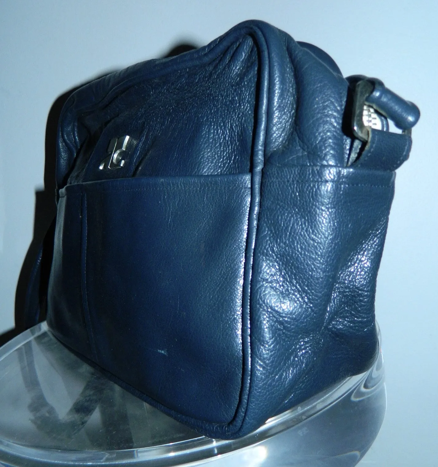 Courrèges leather camera bag / vintage 1960s dark blue COURREGES cross- body purse