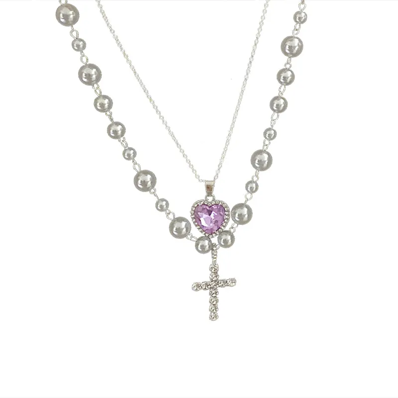 Cross Love Heart Pearl Violet Purple Gemstone Pendant Necklace