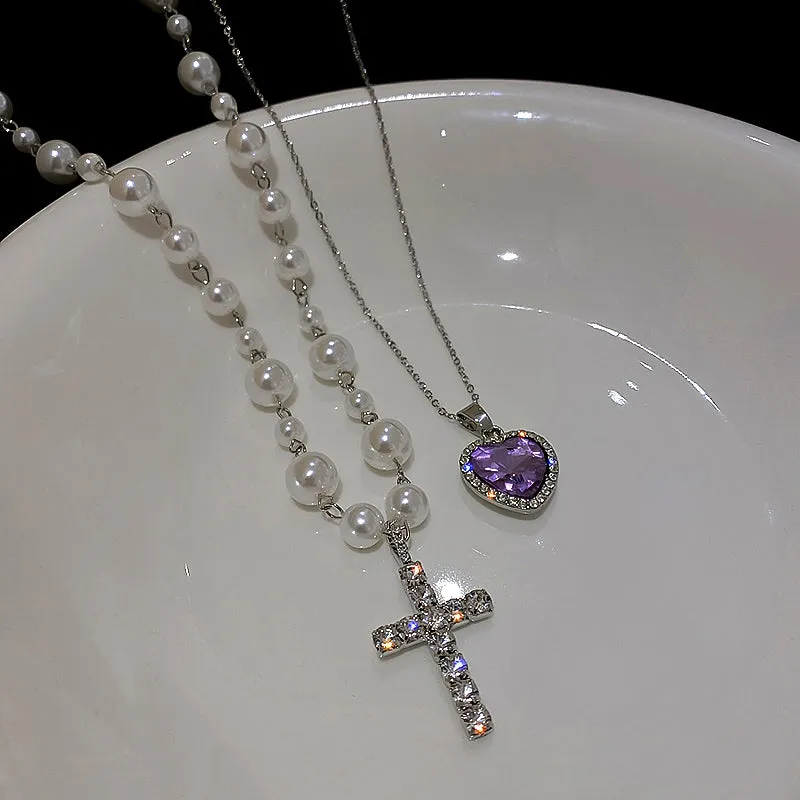 Cross Love Heart Pearl Violet Purple Gemstone Pendant Necklace