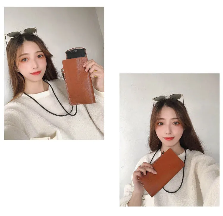 Cute Black LEATHER Phone Case WOMEN Phone BAG with Neck Strap Slim Phone Shoulder Purse FOR WOMEN