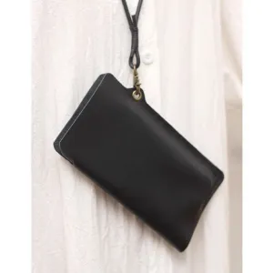 Cute Black LEATHER Phone Case WOMEN Phone BAG with Neck Strap Slim Phone Shoulder Purse FOR WOMEN