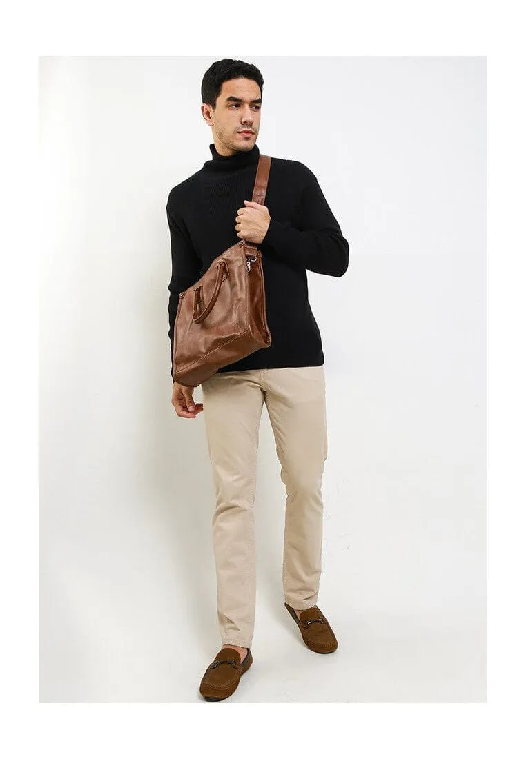 Distressed Leather Commuter Tote Bag - Camel