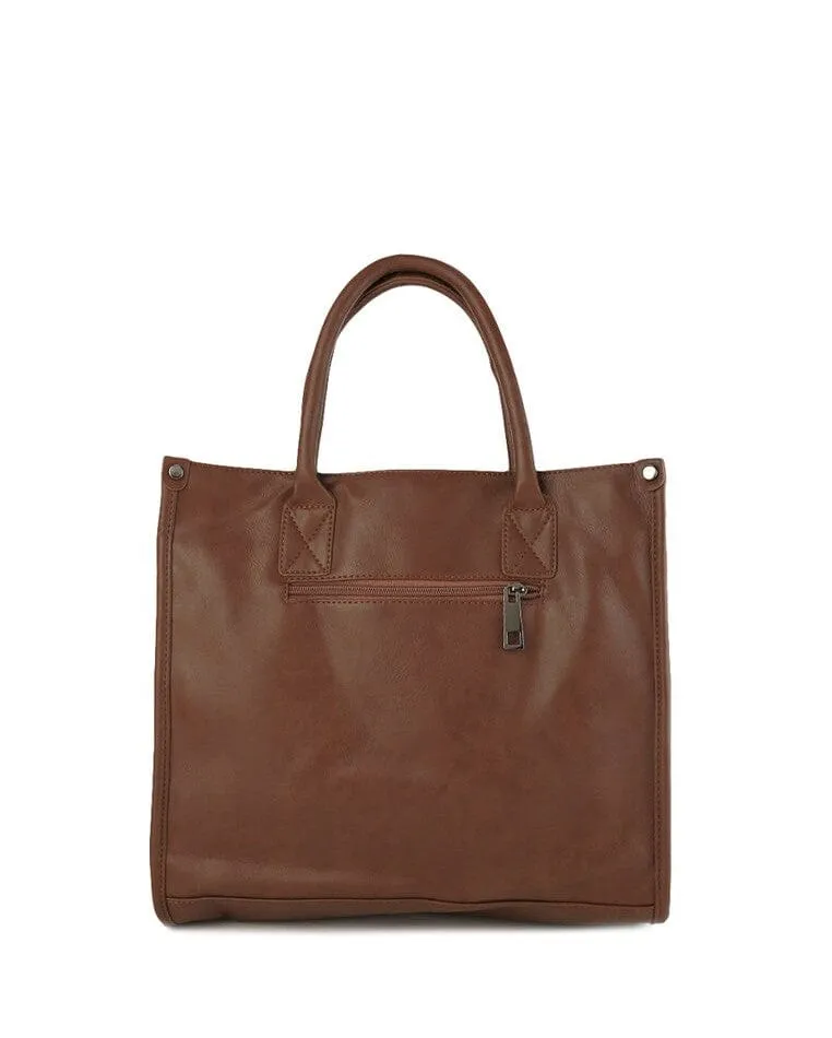 Distressed Leather Commuter Tote Bag - Camel