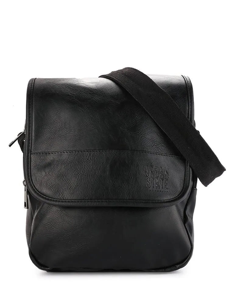 Distressed Leather Courier Crossbody Bag - Black