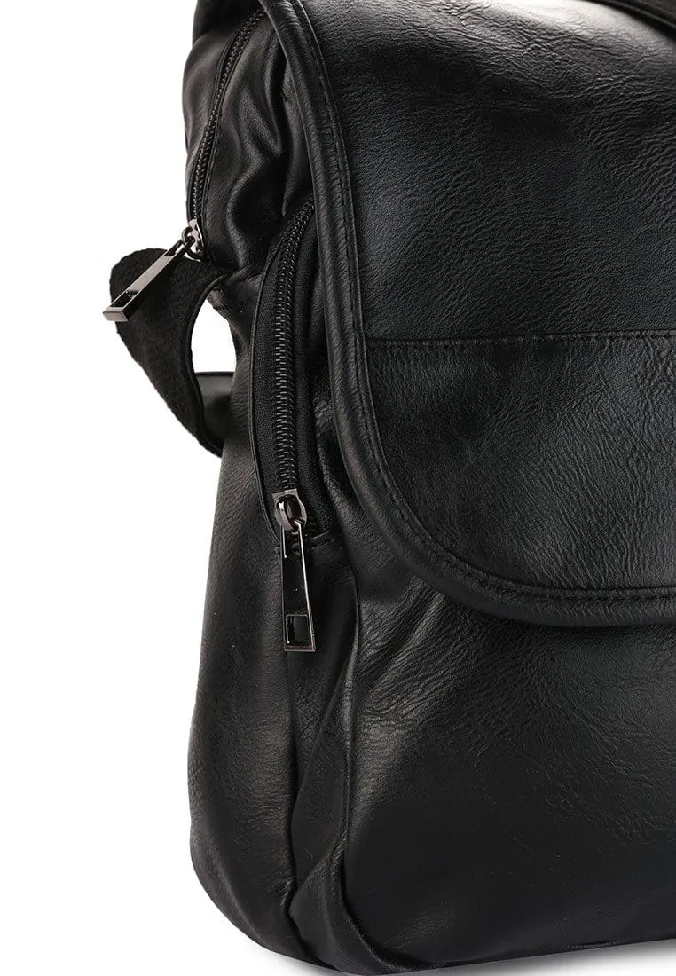 Distressed Leather Courier Crossbody Bag - Black