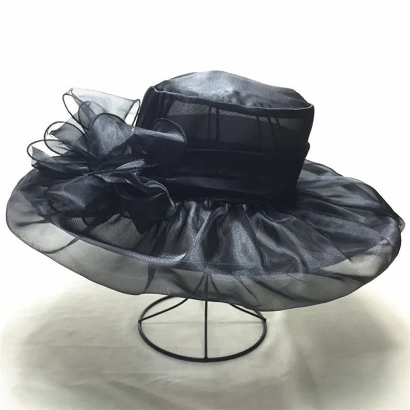 Elegant Wide Brim Ribbon Knot Church Hat