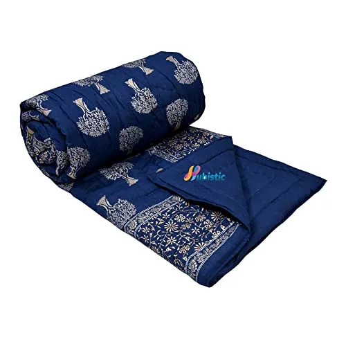 FEELRAX Jaipuri Razai Rajsthani Traditional Hand Stitched Silver Golden Tree Print Hand Block Double Bed Soft Light Weight Winter and Summer Jaipuri Quilt King Size