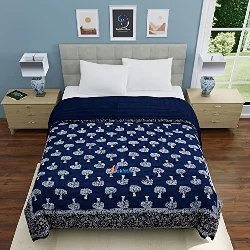 FEELRAX Jaipuri Razai Rajsthani Traditional Hand Stitched Silver Golden Tree Print Hand Block Double Bed Soft Light Weight Winter and Summer Jaipuri Quilt King Size