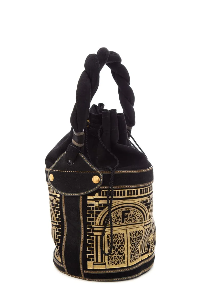 Fendi Black & Gold Baroque Suede Palazzo Bucket Bag