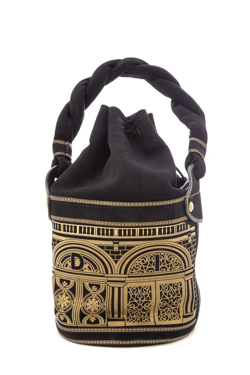 Fendi Black & Gold Baroque Suede Palazzo Bucket Bag