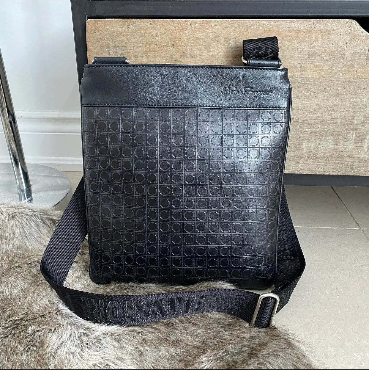 Ferragamo Black Leather Gancini Messenger Bag