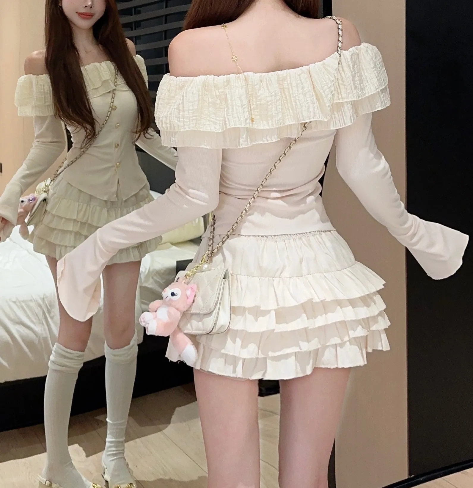 Frill Ruffled Coquette Fit Long Sleeve Cream White Black Top