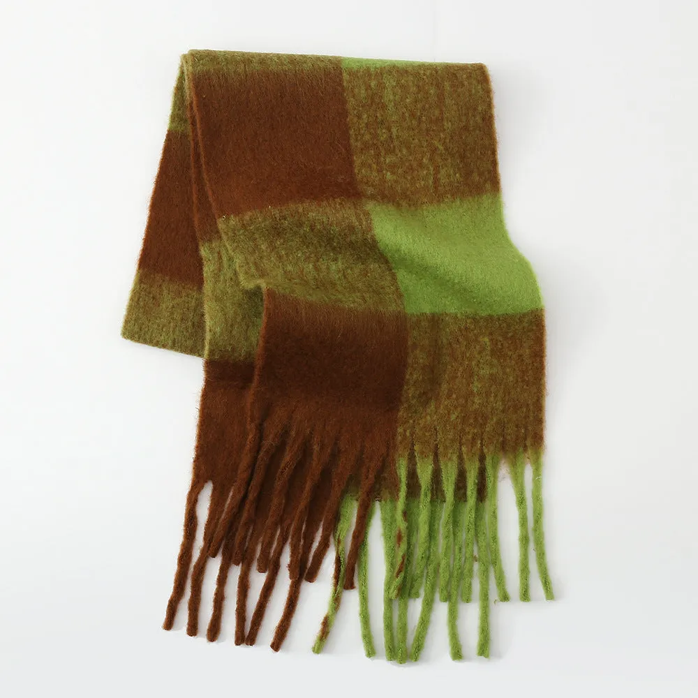 Fringe Contrast Plaid Polyester Scarf