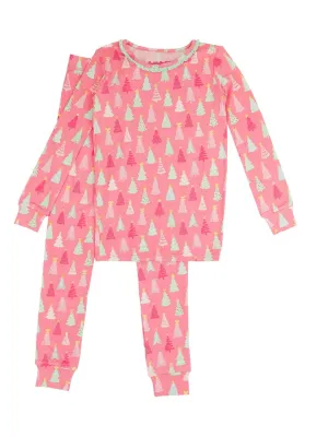 Girls Bamboo Ruffle Pajamas - Merry Pink Pines