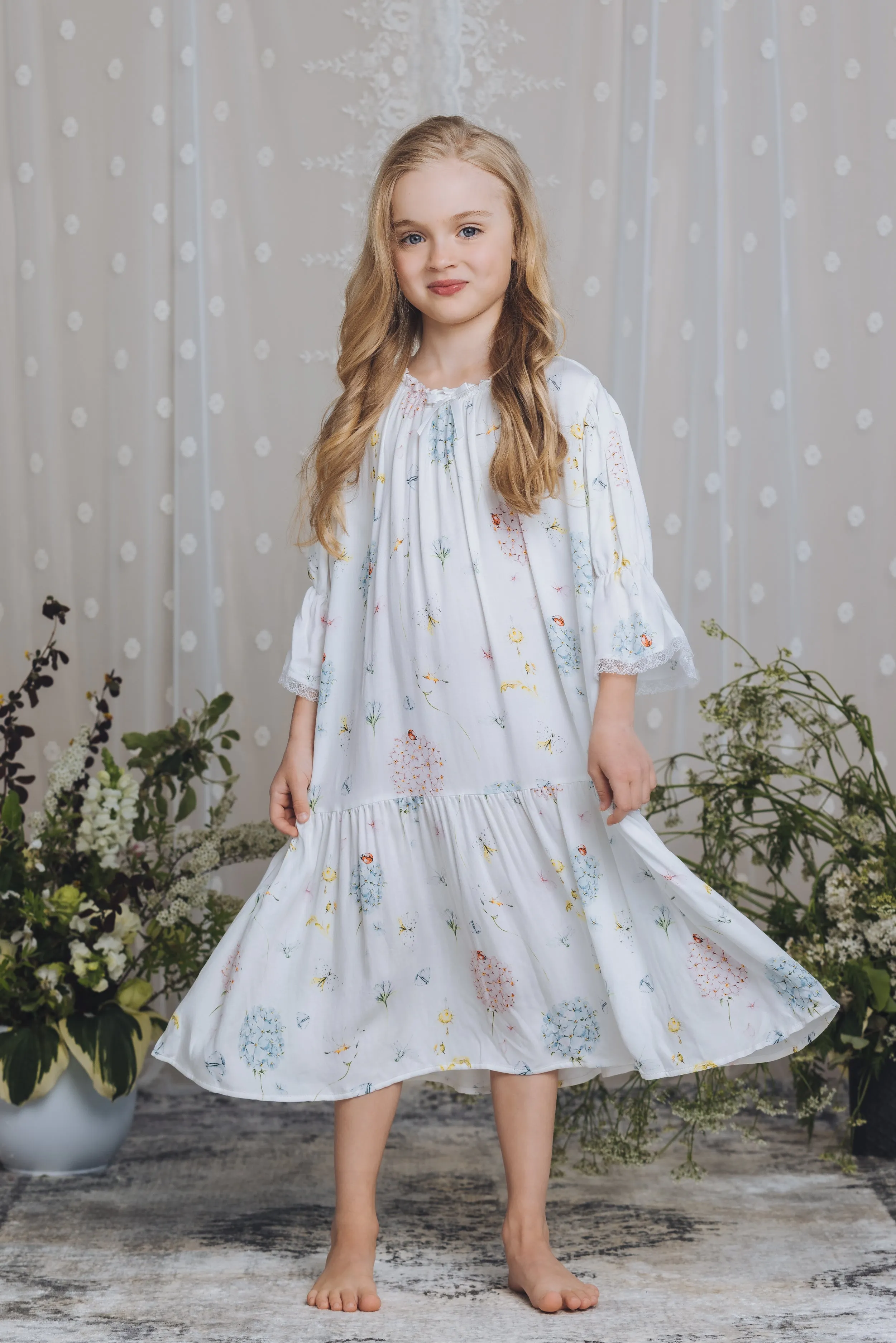 GISELLE - GIRLS VISCOSE NIGHTDRESS WHITE LADYBUG PRINT