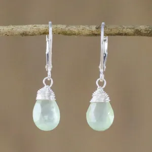 Glamorous Woman Prehnite and Silver Teardrop Dangle Earrings from Thailand