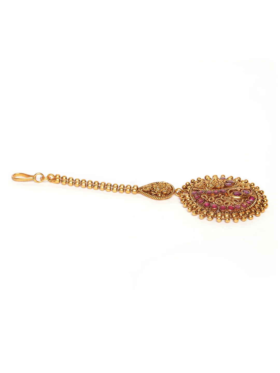 Gold-Plated Maroon Studded & Beaded Handcrafted Maangtikka