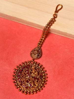 Gold-Plated Maroon Studded & Beaded Handcrafted Maangtikka