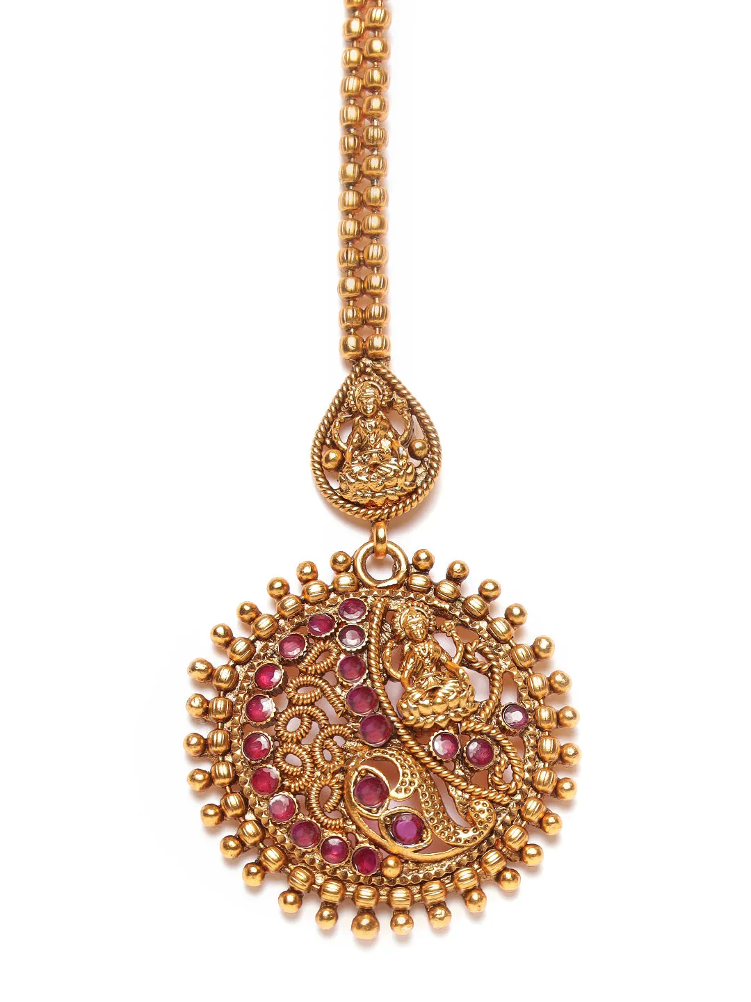 Gold-Plated Maroon Studded & Beaded Handcrafted Maangtikka