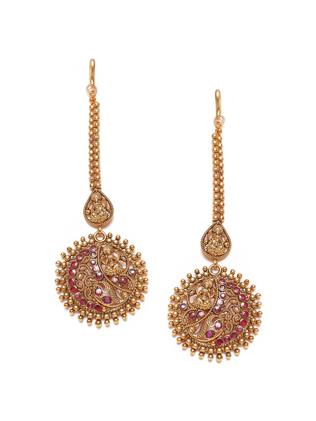 Gold-Plated Maroon Studded & Beaded Handcrafted Maangtikka