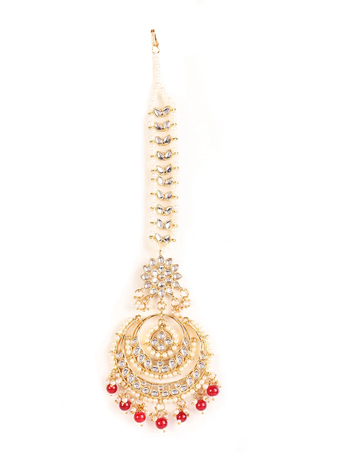 Gold-Toned Mahroon & White Kundan Stone Studded & Pearls Traditional Maangtikka