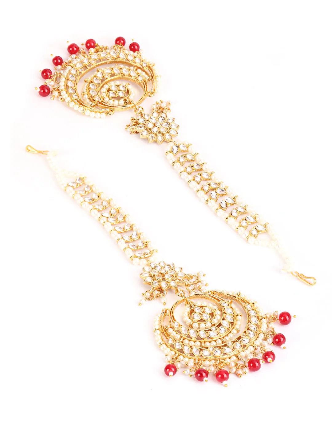 Gold-Toned Mahroon & White Kundan Stone Studded & Pearls Traditional Maangtikka