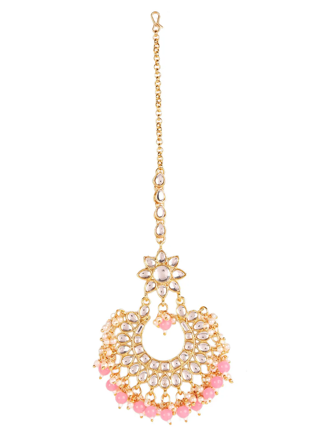 Gold-Toned White Kundan Studded & Pink Pearls Maangtikka & Earring Set