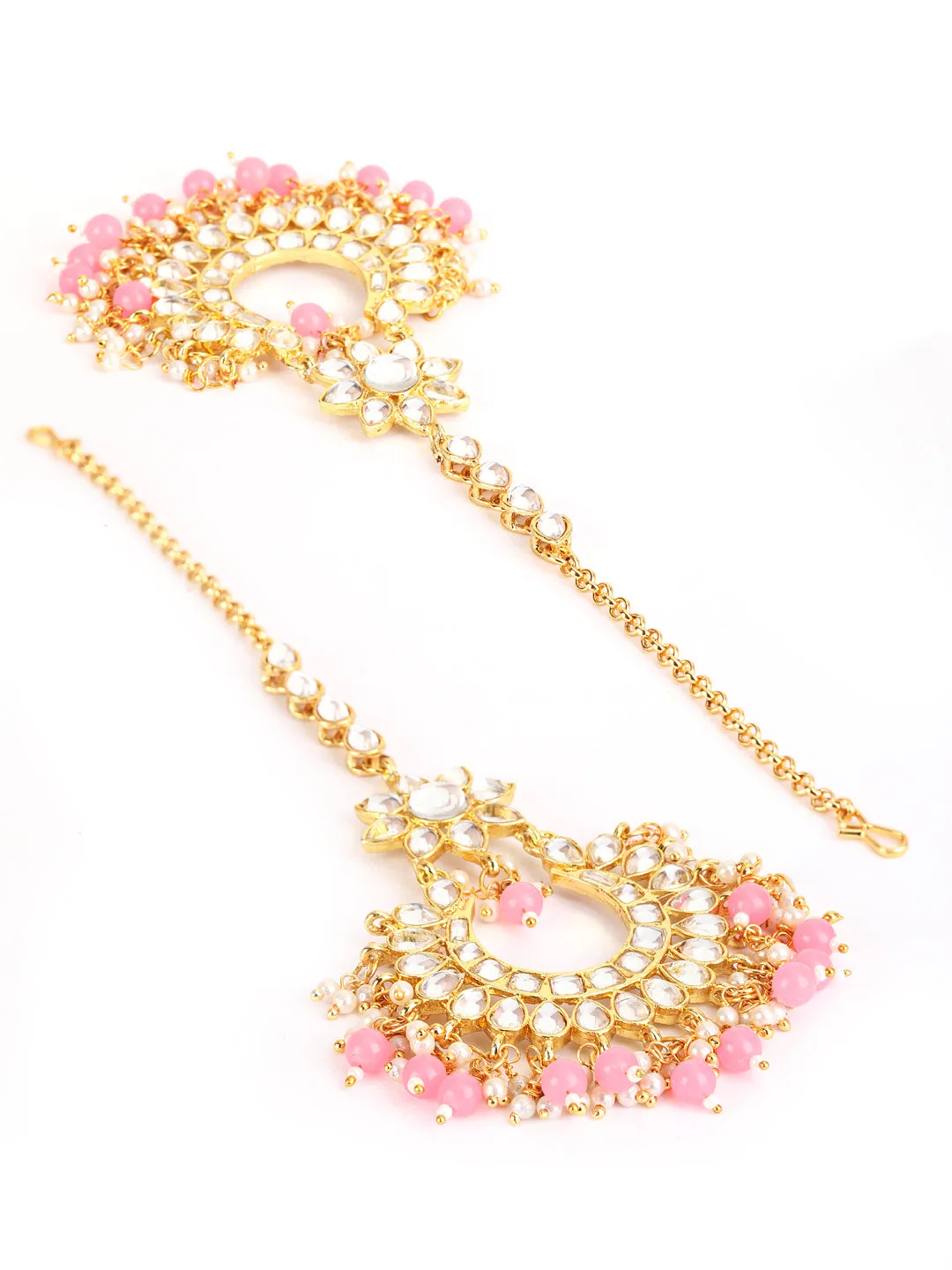 Gold-Toned White Kundan Studded & Pink Pearls Maangtikka & Earring Set