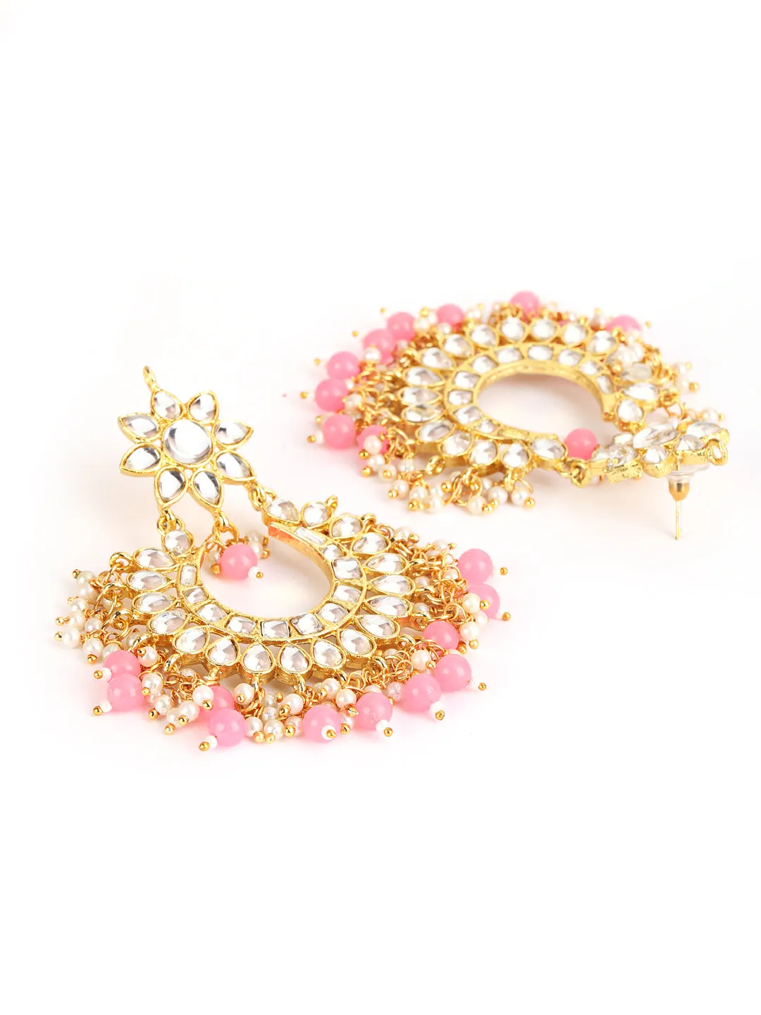 Gold-Toned White Kundan Studded & Pink Pearls Maangtikka & Earring Set