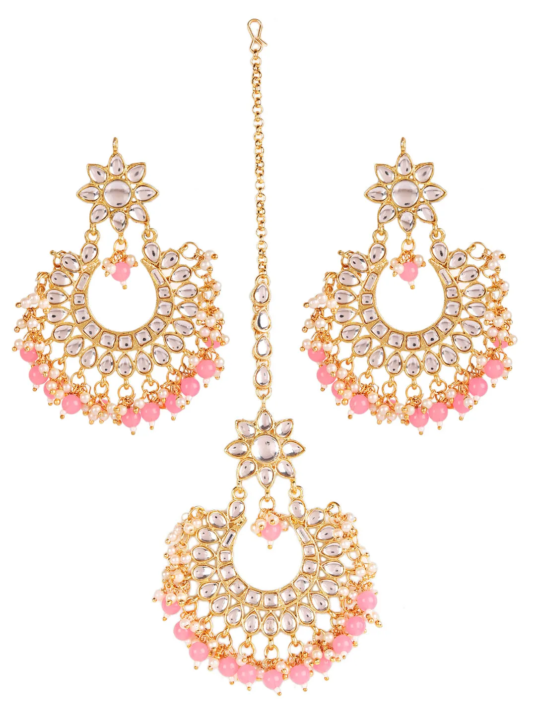 Gold-Toned White Kundan Studded & Pink Pearls Maangtikka & Earring Set