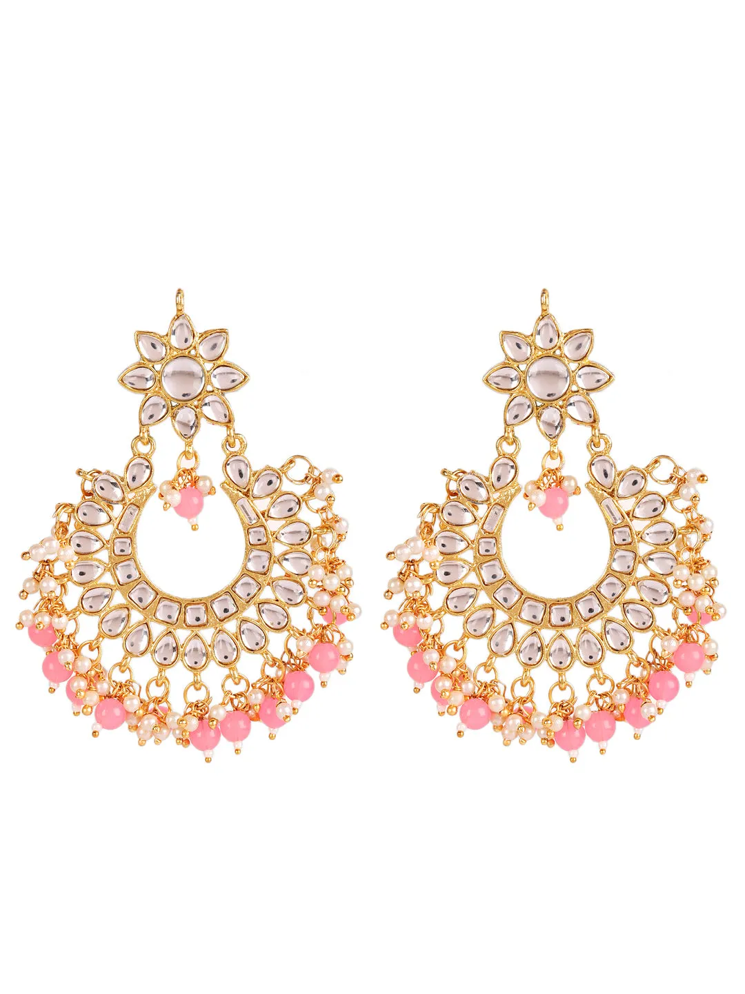 Gold-Toned White Kundan Studded & Pink Pearls Maangtikka & Earring Set