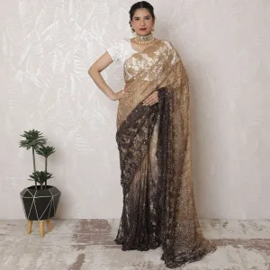 Golden Glamour Ombre Lace Saree, Hand-Applied Stone Embellishments, French Vanilla to Buttercream, 110cm, Luxurious 5.5m - Blouse Not Included-D17879