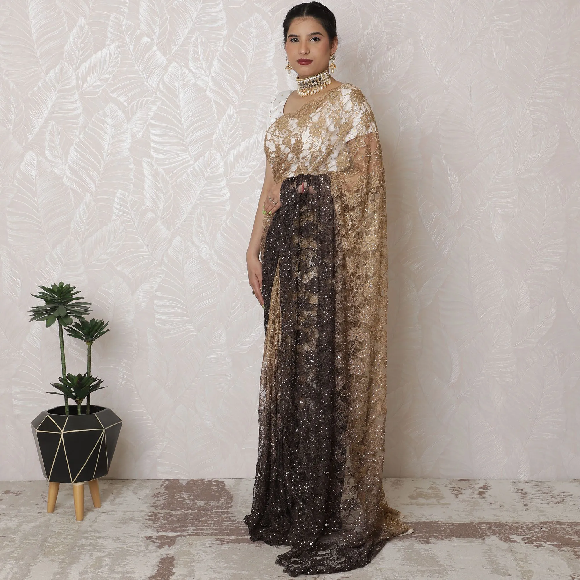 Golden Glamour Ombre Lace Saree, Hand-Applied Stone Embellishments, French Vanilla to Buttercream, 110cm, Luxurious 5.5m - Blouse Not Included-D17879