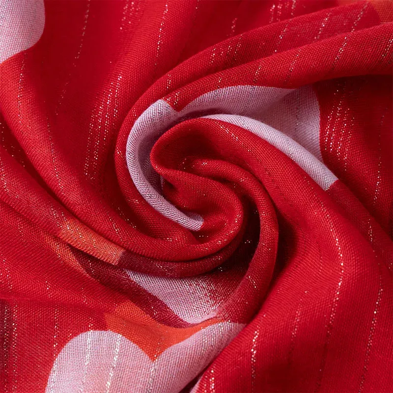 Grand Foulard rouge & blanc de 180x90 cm au design "Coeurs blancs" très chic (coton/polyester)