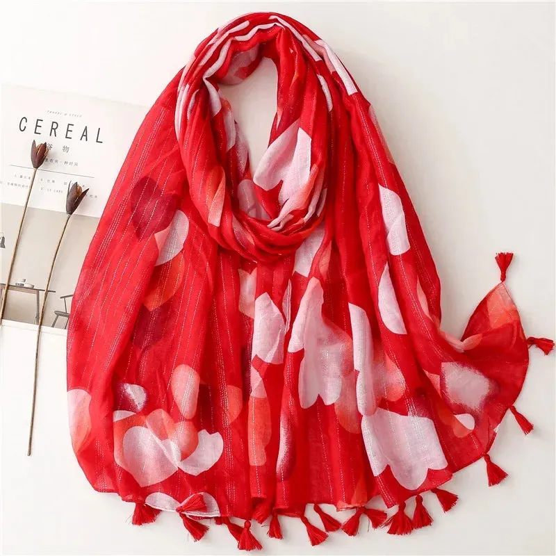 Grand Foulard rouge & blanc de 180x90 cm au design "Coeurs blancs" très chic (coton/polyester)