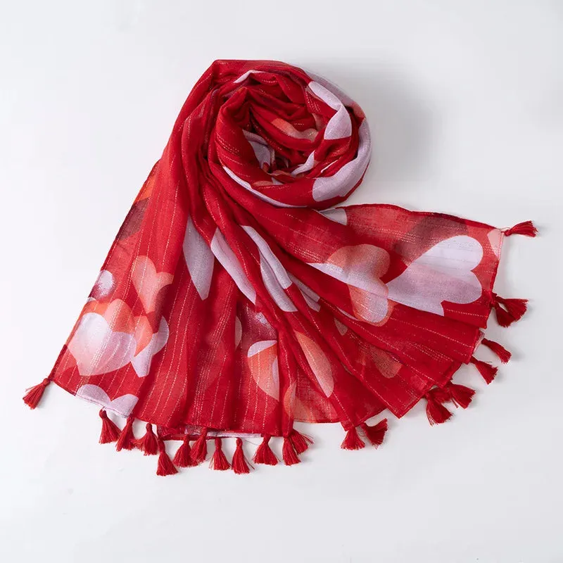 Grand Foulard rouge & blanc de 180x90 cm au design "Coeurs blancs" très chic (coton/polyester)