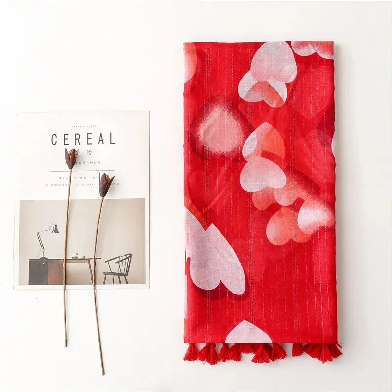 Grand Foulard rouge & blanc de 180x90 cm au design "Coeurs blancs" très chic (coton/polyester)