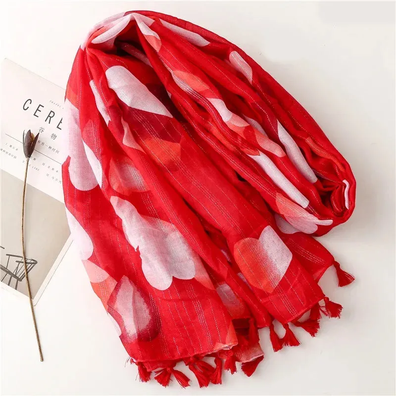 Grand Foulard rouge & blanc de 180x90 cm au design "Coeurs blancs" très chic (coton/polyester)